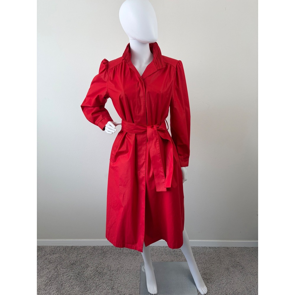 Vintage Retro London Fog Red Belted Trench Coat 10P Funnel Neck Collar Midi